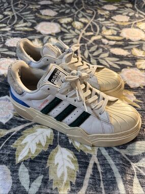 adidas Superstar Platform Sneakers with Green Stripes & Blue Heel Accent